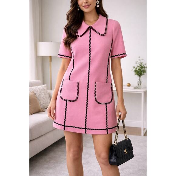 Sixdo Dresses & Skirts - Sixdo Short Sleeve Patch Pocket Collared Mini Dress Pink Black Women's Large